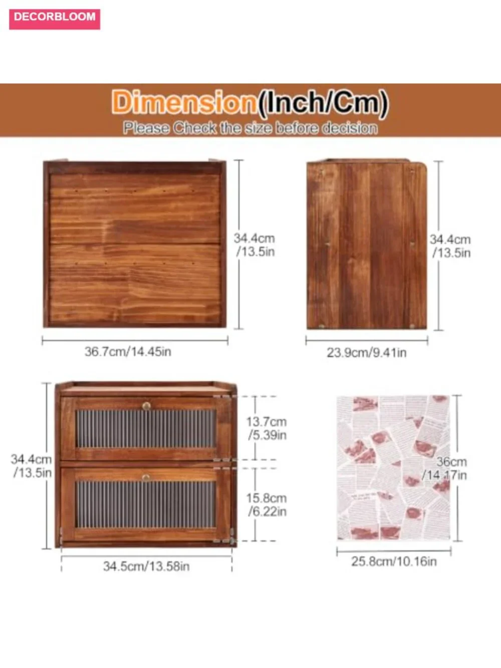 Solid Pine Wood Large Double Layer Bread Box with Acrylic Window